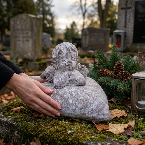 Hände platzieren eine herzförmige Grabfigur mit einem Engel aus Steinguss auf einem Friedhofsgrab mit Tannenzweigen und einer Grablampe.