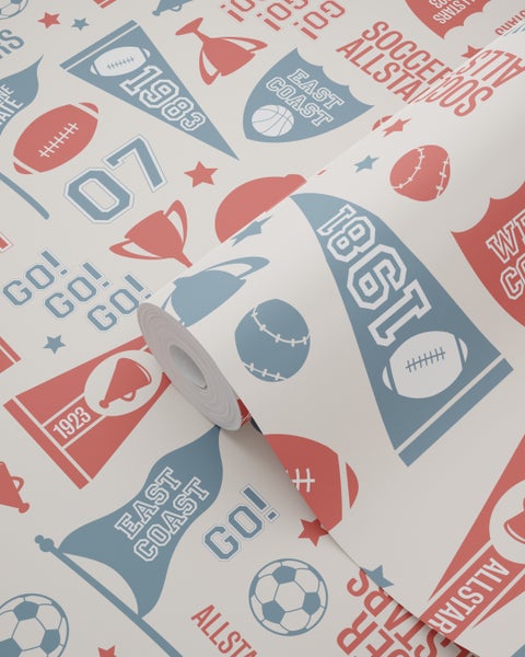 Tapetenrolle mit sportlichen Motiven wie Bällen, Trophäen und Flaggen