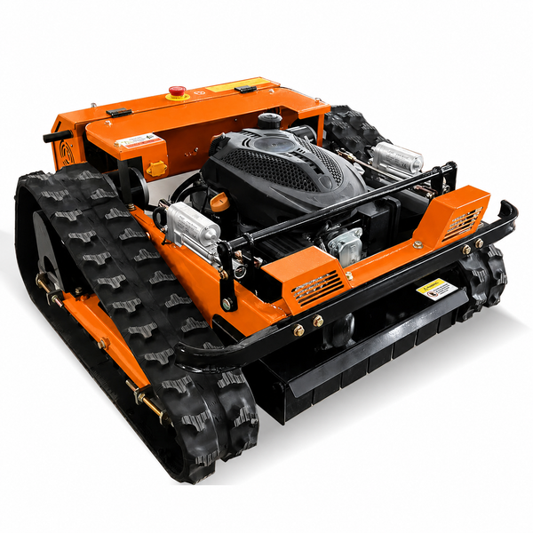 Ferngesteuerter Böschungsmäher mit Kettenantrieb, Benzinmotor und orangefarbenem Gehäuse.