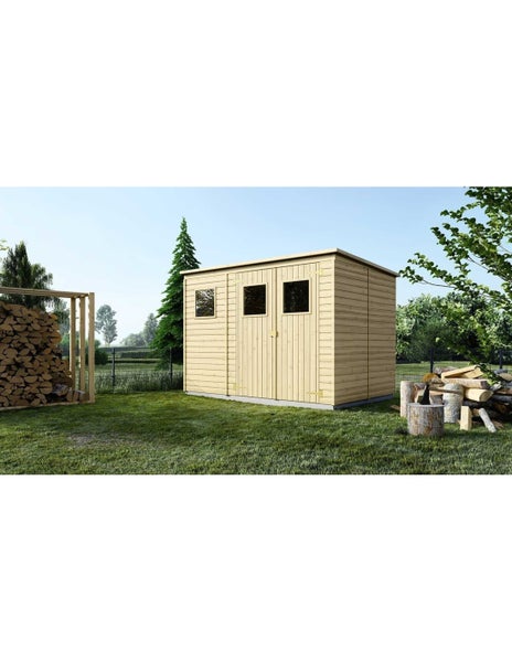 Modernes Gartenhaus aus Holz mit Flachdach, Doppeltür und drei Fenstern in einem Garten mit Brennholzregal.