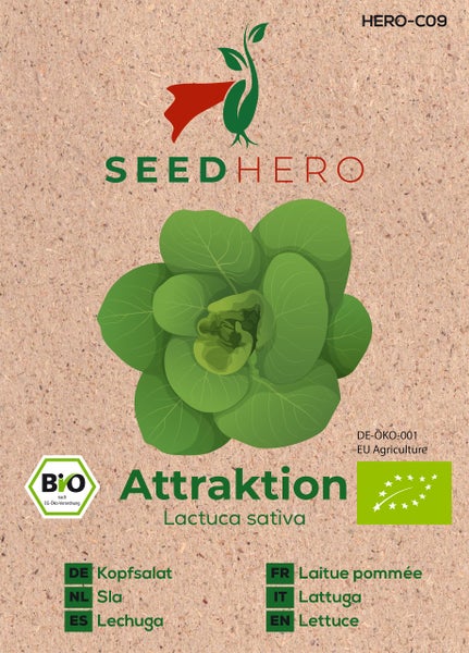 Biologisches Saatgut für Kopfsalat Attraktion, SEEDHERO Logo, Abbildung eines grünen Kopfsalats sowie Siegel für biologische Landwirtschaft.