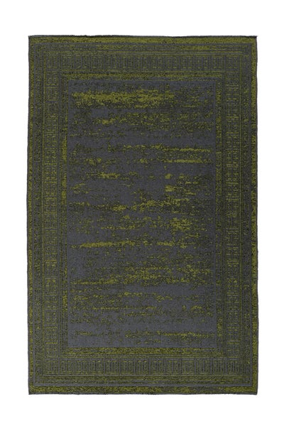 Grauer rechteckiger Teppich mit grüner Mäander-Bordüre und abstrakter Textur im Vintage-Stil.