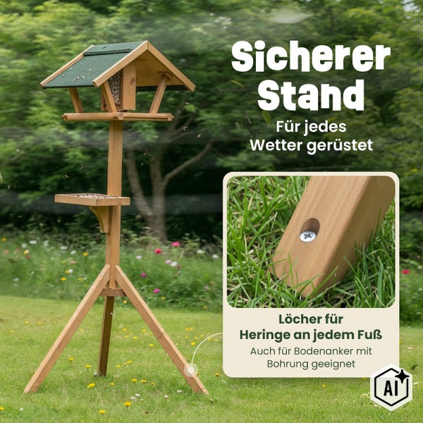 Vogelhaus aus Holz auf einem stabilen Stativ mit extra Bodenbefestigung durch Heringe für einen sicheren Stand im Garten bei jedem Wetter.