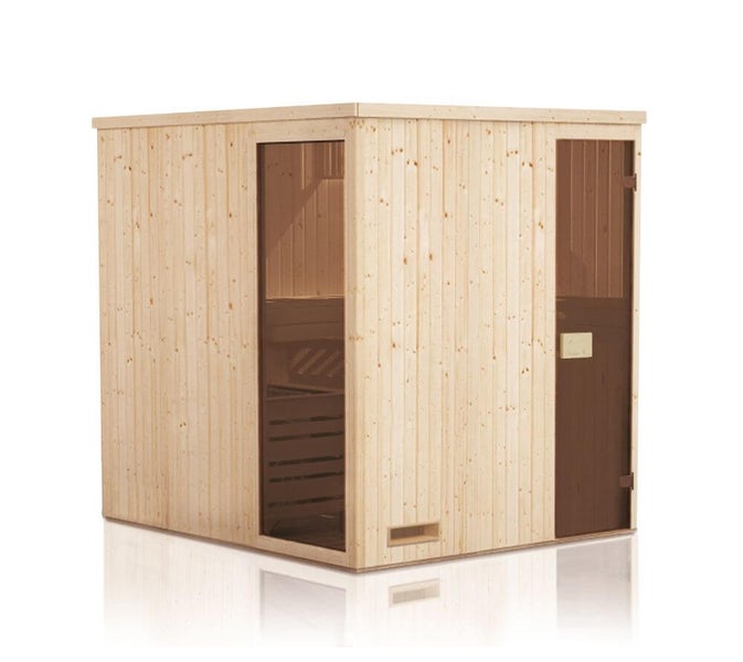Systemsauna aus Holz mit Glastür und feststehendem Fensterelement.