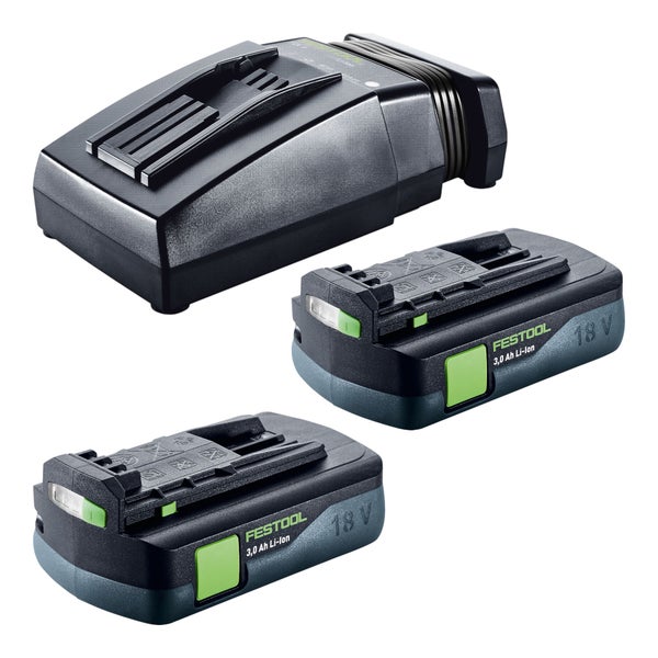 Festool Energie-Set mit zwei 18 Volt 3,0 Amperestunden Lithium-Ionen-Akkus und einem Schnellladegerät.