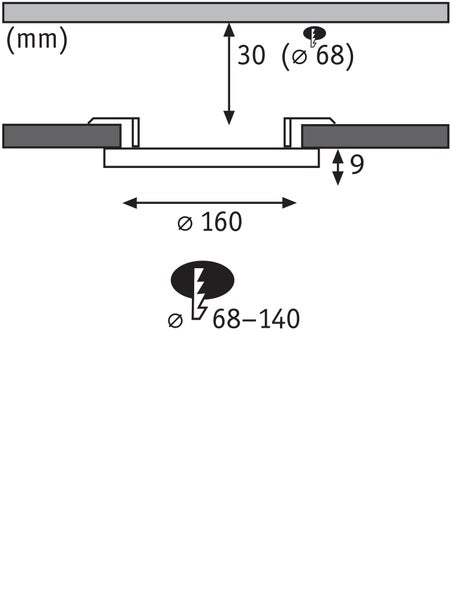 Maßzeichnung Einbaustrahler: Einbautiefe 30 Millimeter, Ausschnitt 68 Millimeter, Durchmesser 160 Millimeter, Höhe 9 Millimeter.