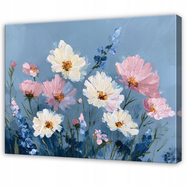 Wandbild mit einem Ölgemälde von Wiesenblumen auf Leinwand, gerahmt im Querformat für eine dekorative Wandgestaltung.