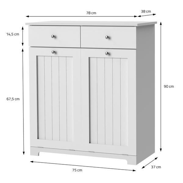ML-Design Wäscheschrank mit 2 ausklappbaren Wäschesäcken, Weiß, 75x37x90 cm, Wäschesammler mit 2 Schubladen, viel Stauraum, Wäschebox MDF, Wäschekorb Wäschetruhe Badezimmerschrank Badschrank Badmöbel