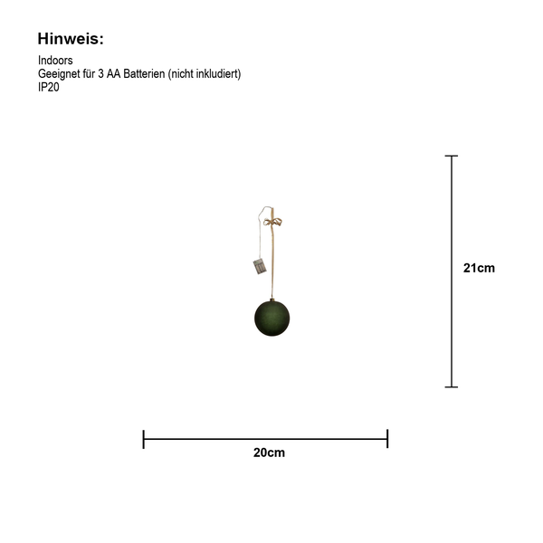 Dekorative grüne Weihnachtskugel mit Aufhänger, geeignet für den Innenbereich, circa 20 Zentimeter breit und 21 Zentimeter hoch