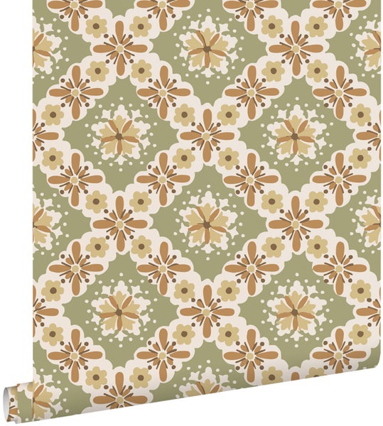 ESTAhome Tapete Blumenmuster Grün und Terrakotta - 50 x 900 cm - 131504