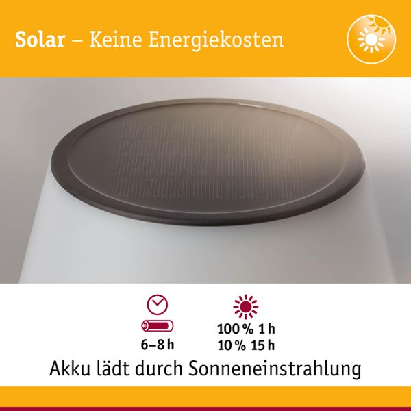 Solarpaneel auf einer Leuchte. Keine Energiekosten, Akkulaufzeit 6 bis 8 Stunden, Laden durch Sonneneinstrahlung.