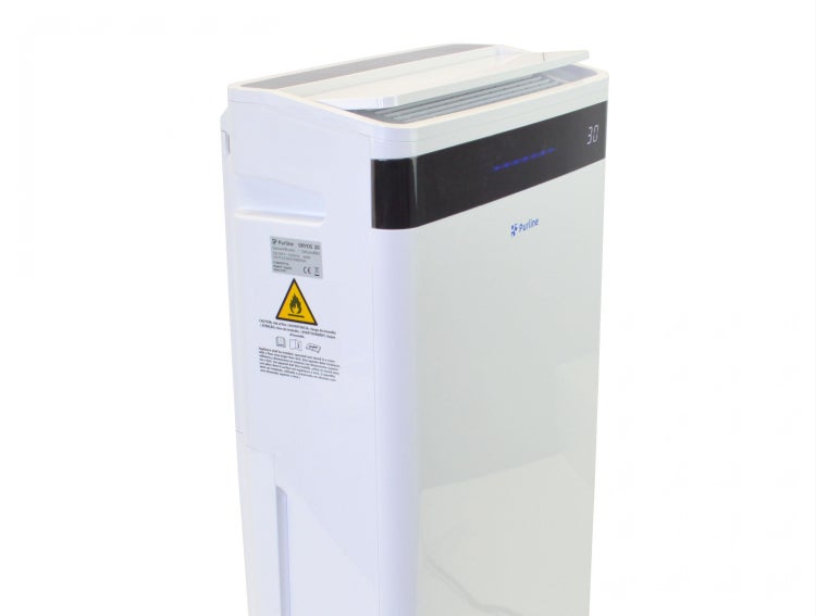 Luftentfeuchter Purline DRYOS 20 mit Purline Logo, Digitalanzeige und oberem Luftauslass.