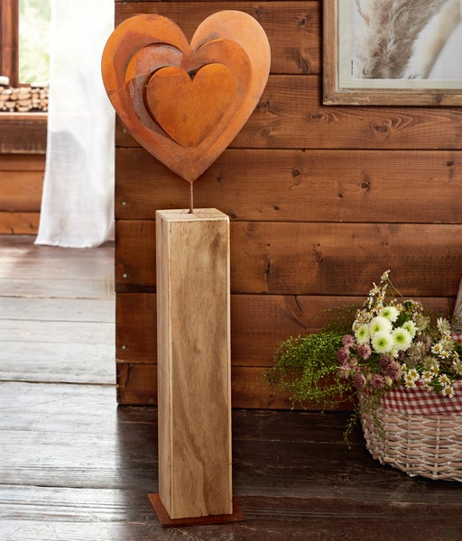 FRANK FLECHTWAREN | Holzsäule Rostherz, METALL, HOLZ, 23 x 12 x 72 cm