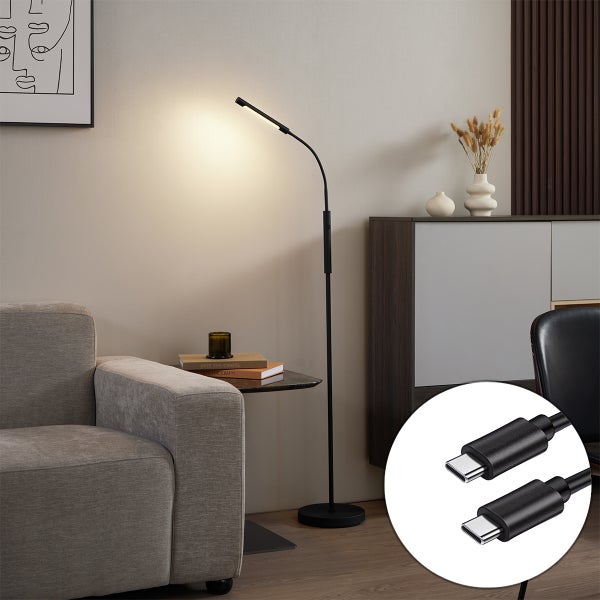 Schwarze LED Stehlampe in einem modern eingerichteten Wohnzimmer neben einem grauen Sofa und Sideboard, inklusive USB-C Anschluss.