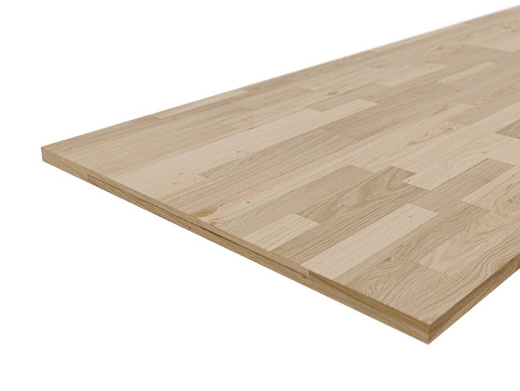 Leimholzplatte Eiche mit keilgezinkten Lamellen, Massivholz für Möbelbau und Innenausbau.