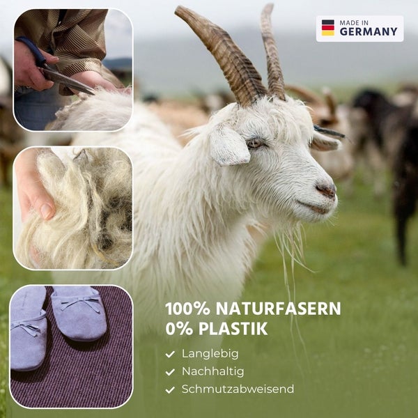 Eine Ziege sowie Detailbilder der Schur, von Naturfasern und Hausschuhen. Text einhundert Prozent Naturfasern, null Prozent Plastik. Made in Germany.