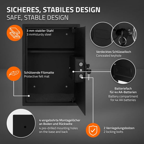 ECD Germany Safe Tresor 43L 35x50x31 cm, stabiler Stahl, Wandtresor mit Sensorlicht & Digitale Tastatur für Schmuck Bargeld Dokumente, Elektronischer Möbeltresor Geldkassette mit PIN-Code & Schlüssel