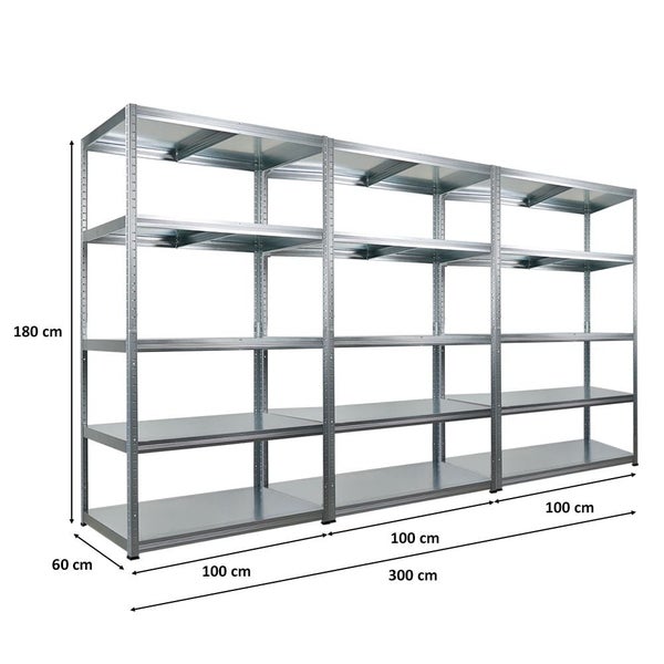 Stahlregal mit fünf Ebenen und den Maßen 180 x 300 x 60 cm
