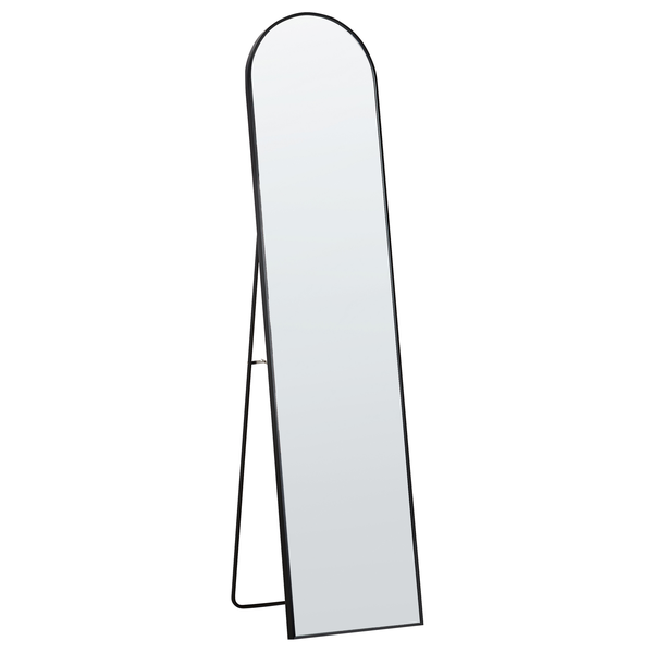 Ganzkörperspiegel mit bogenförmigem Oberteil, schwarzer Metallrahmen und ausklappbarer Bodenständer.