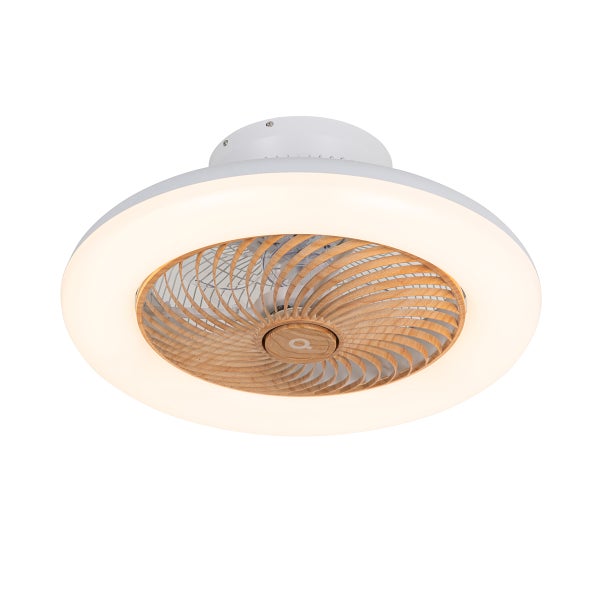 Deckenventilator mit integriertem LED-Licht, rundem Design und Lamellen in Holzoptik.