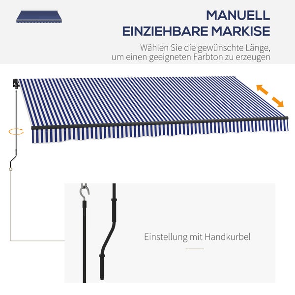 Outsunny Markise, Wandmontage Balkonmarkise mit Handkurbel, 4 x 3 m, Alu, Blau+Weiß