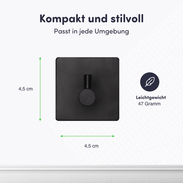 Schwarzer Haken mit quadratischer Basis, Abmessungen 4,5 cm x 4,5 cm, Gewicht 47 Gramm
