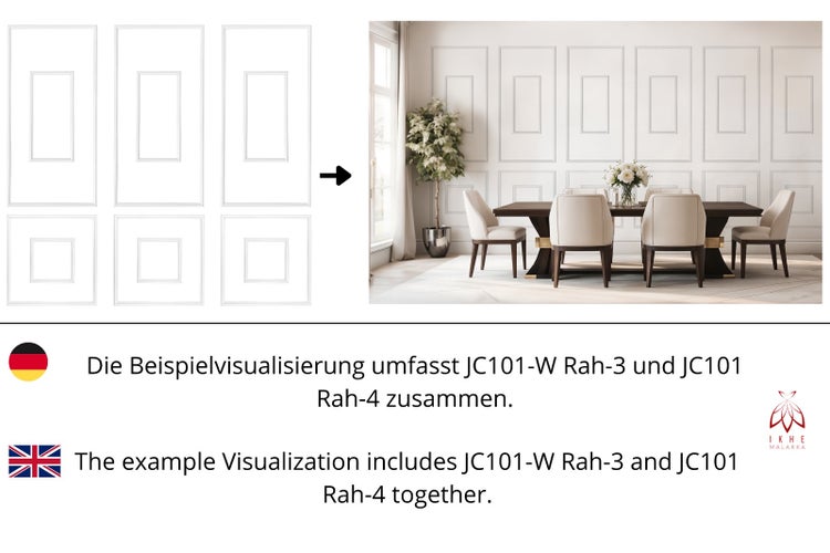 Wandleisten Sets JC101-W Rah-3 und JC101 Rah-4 in einem hellen Esszimmer mit Holztisch und Polsterstühlen. IKHE MALARKA Logo.