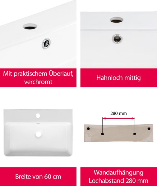aquaSu® Basic Waschtisch 416 | Waschbecken mit Überlauf und Hahnloch | 60 x 42 cm | Als Hänge-Waschtisch oder Aufsatzwaschbecken | Sanitärkeramik in weiß | 562416