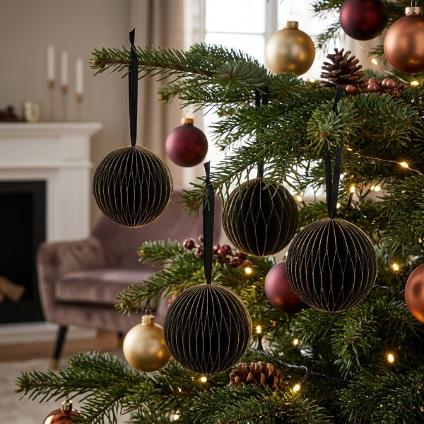 Weihnachtsbaum mit Wabenkugeln als Anhänger aus Papier in Kombination mit klassischen glatten Weihnachtskugeln in einem Wohnzimmer.
