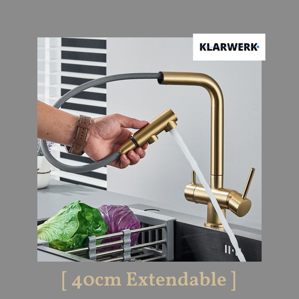 Felix | 3 Wege Premium Edelstahl Gold matt ausziehbare Armatur | Osmose Wasserhahn Küche |Mischbatterie - 360 Grad | Filter 3 Anschlüsse