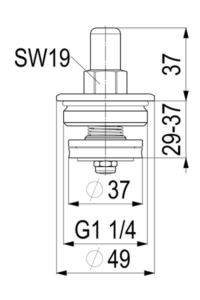 Technische Zeichnung eines Ablaufventils mit Maßen wie Schlüsselweite 19, Durchmesser 37 Millimeter, 49 Millimeter und Gewinde G 1 1/4 Zoll.