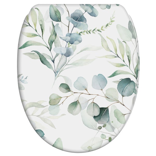 WC-Sitz mit botanischem Eukalyptus-Blätter-Motiv im Aquarell-Stil.