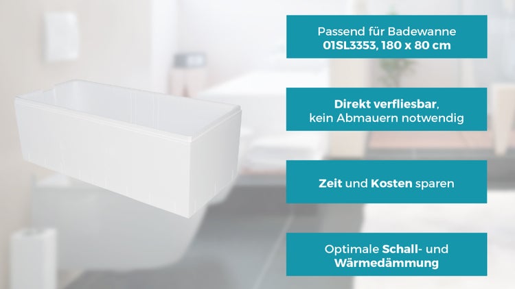 Calmwaters® Wannenträger 180 x 80 cm Original, Passend für Rechteck-Badewanne 180x80 cm, Styroporträger, Schall- und wärmedämmend, Direkt verfliesbar, Badewannenträger in Weiß, 03AX3360