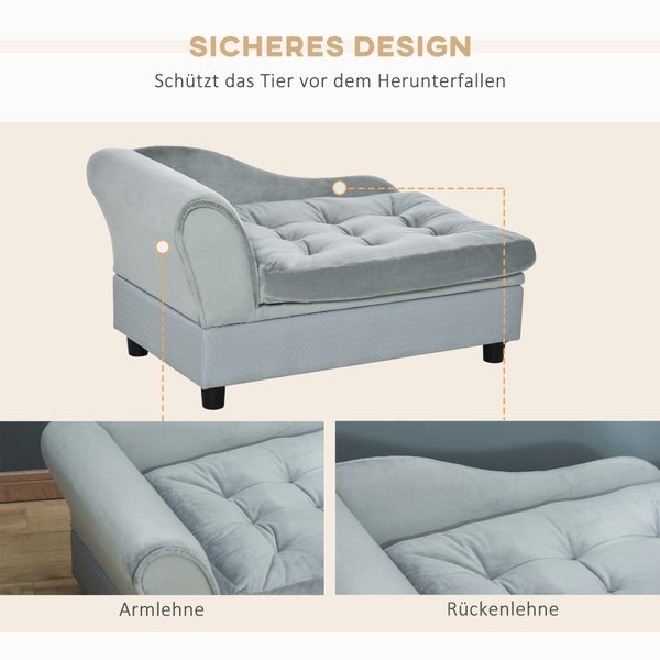 PawHut Haustiersofa mit Matte, Hundebett, Hundematte, Hundesofa mit Lagerraum, Naturholz+Plüsch, Hellgrau, 76 x 45 x 43 cm