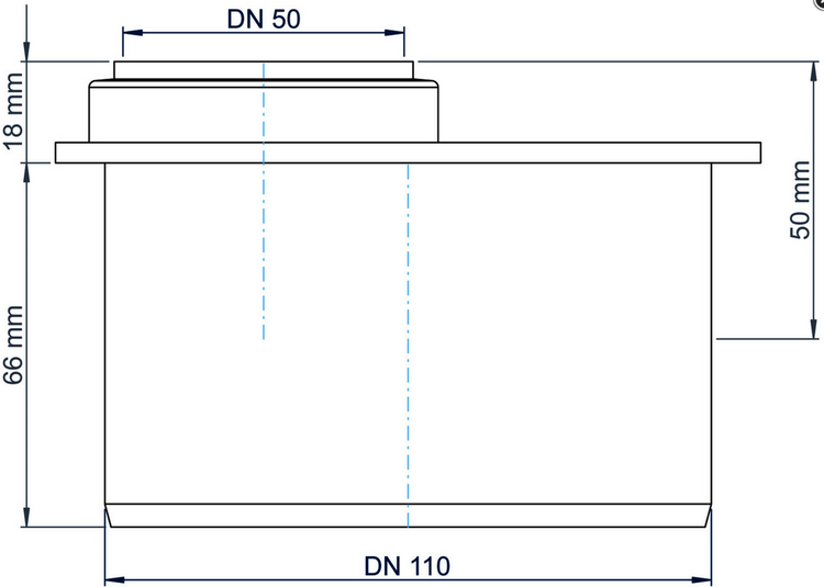 Technische Zeichnung eines Übergangsstücks von Nennweite 50 auf Nennweite 110 mit Maßangaben in Millimeter.