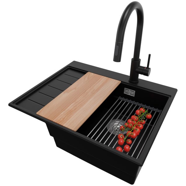 PRIMAGRAN Granitspüle Schwarz 62x50cm, Spülbecken 1 Becken + Küchenarmatur 40x20cm + Ablauf-Set + Küchenzubehörset, Küchenspüle ab 45er Unterschrank - Sydney
