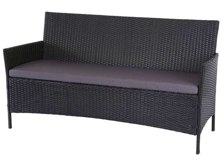 Gartenbank aus anthrazitfarbenem Polyrattan inklusive grauer Sitzauflage.