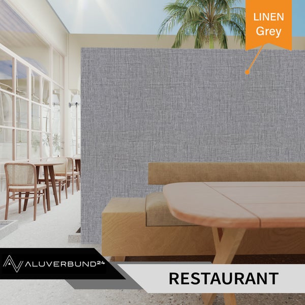 Raumteiler aus Aluminiumverbund mit Leinenoptik in einem Restaurant