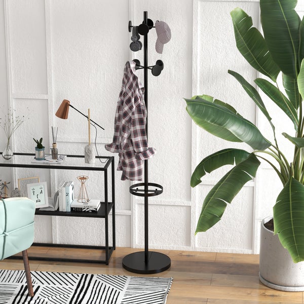 HOMCOM Garderobenständer, Kleiderständer, Garderobe mit 8 Haken, Standgarderob für Hüte, Kleidung, Eingang, Flur, Metall, Walnuss, 34 x 34 x 177cm