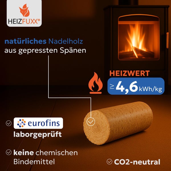 Heizfuxx Holzbriketts aus natürlichem Nadelholz mit einem Heizwert von mindestens 4,6 Kilowattstunden pro Kilogramm, laborgeprüft ohne Bindemittel.