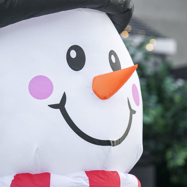 Nahaufnahme eines aufblasbaren Schneemannkopfs mit lächelndem Gesicht, Karottennase und rosa Wangen.