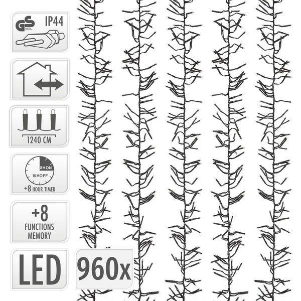 LED Lichterkette mit 960 Lichtern für Innen und Außen, 1240 Zentimeter lang, mit 8 Funktionen und Timer, spritzwassergeschützt gemäß IP44.
