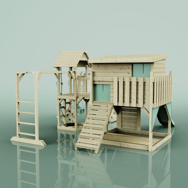 Holzspielplatz mit Klettergerüst, Rutsche und Schaukel