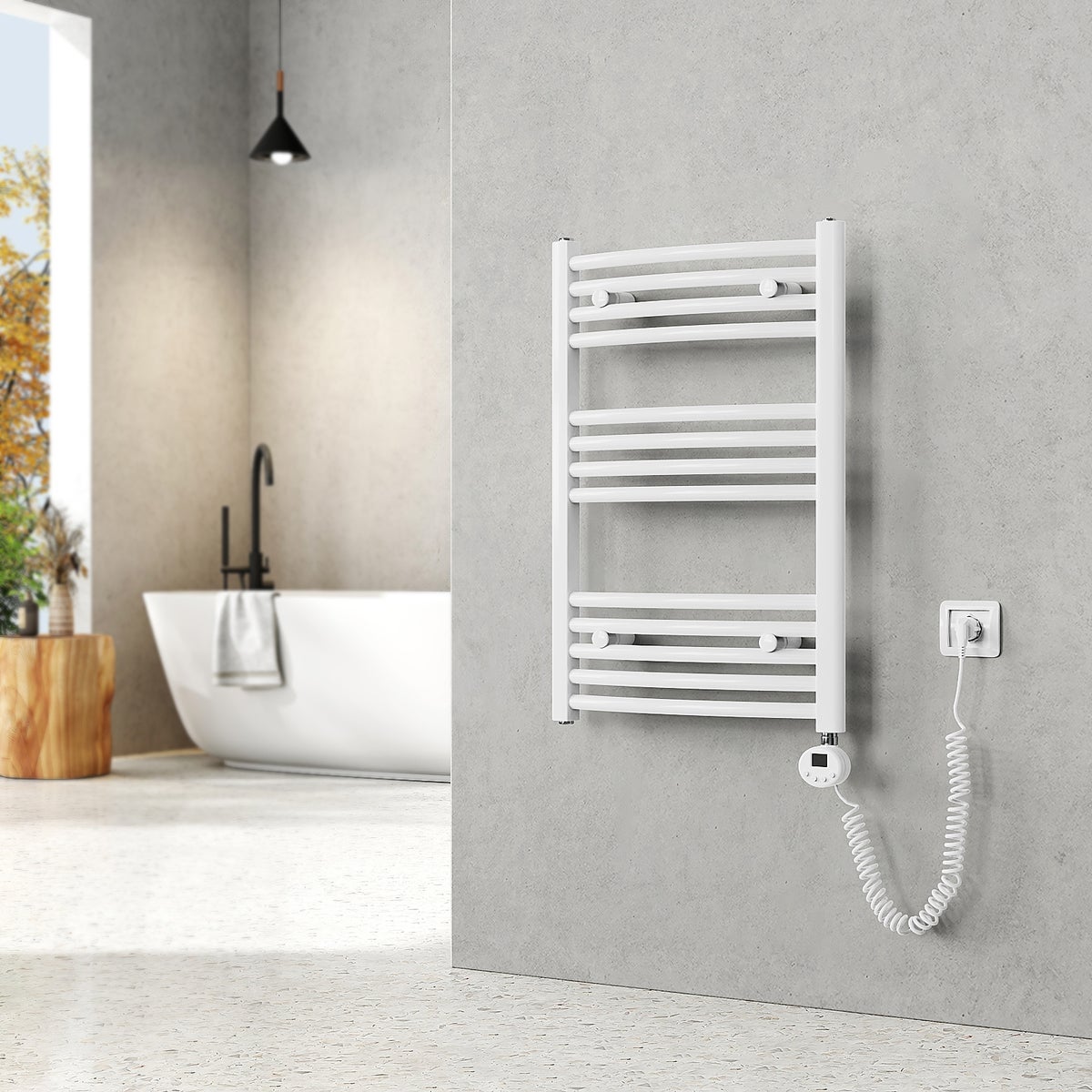EMKE Elektrischer Badheizkörper Gebogen Badheizkörper Elektrisch mit Thermostat, Handtuchtrockner mit Heizstab,Weiß,75x50cm,292W