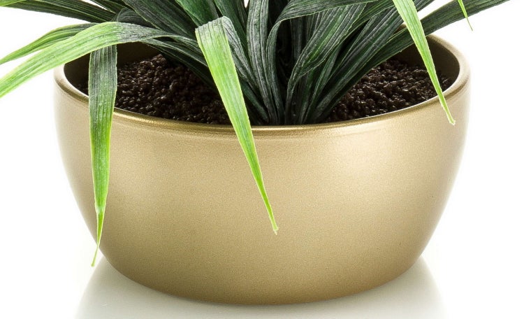 Detailaufnahme einer Kunstpflanze Gummibaum mit großen dunkelgrünen Blättern und braunem Stamm.