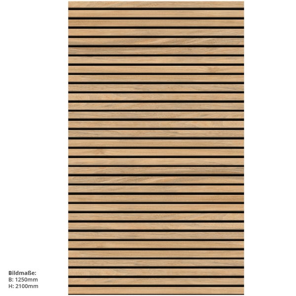 Akustikpaneel mit horizontalen Holzlamellen in Eiche-Optik, Breite 1250 Millimeter, Höhe 2100 Millimeter.