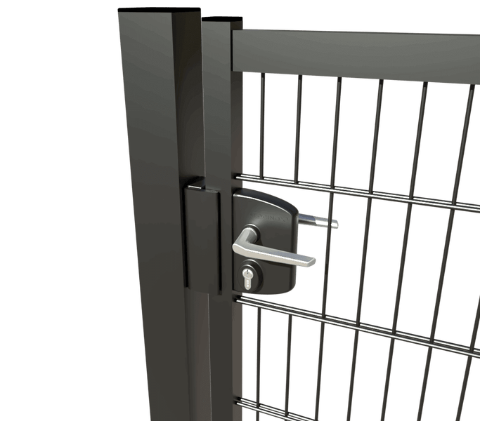 Detailansicht eines Metallzauns mit Schloss und Griff