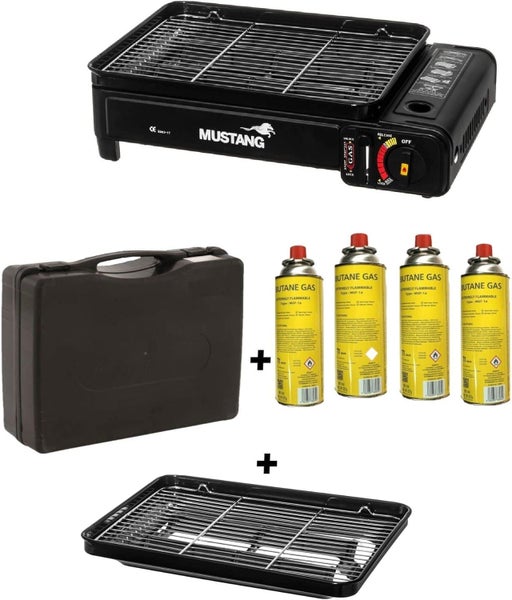 JUNG Mustang 2in1 mobiler Campingkocher/Gasgrill mit 4 Gaskartuschen à 227g, 2in1 Funktionen Gaskocher - inkl. Grillrost