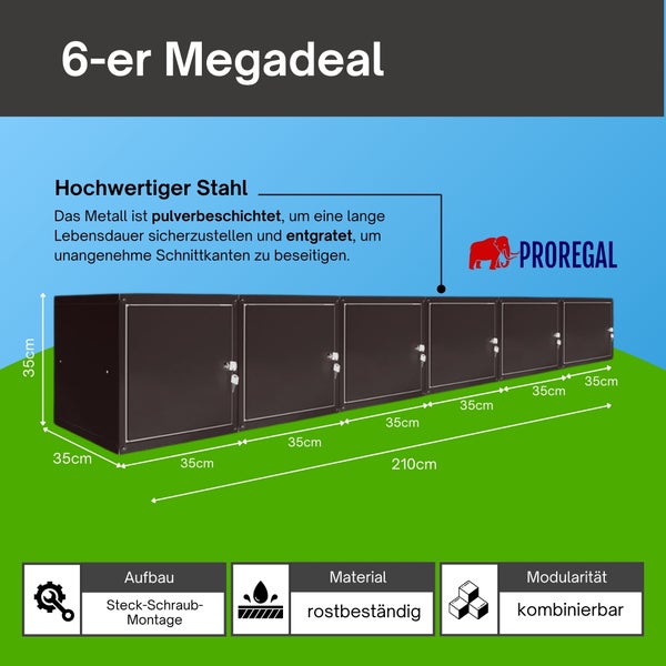ProRegal Logo, sechs abschließbare modulare Metallschränke aus pulverbeschichtetem Stahl, Maße je Würfel 35 mal 35 mal 35 Zentimeter.