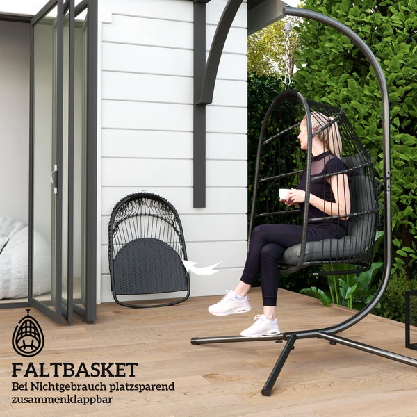 Outsunny Hängesessel Hängekorb mit Kissen Polyrattan Schaukel Outdoor Indoor faltbar Hängestuhl belastbar bis 150kg Hängeschaukel Korbhängesessel für Wohnzimmer Balkon Terrasse Dunkelgrau